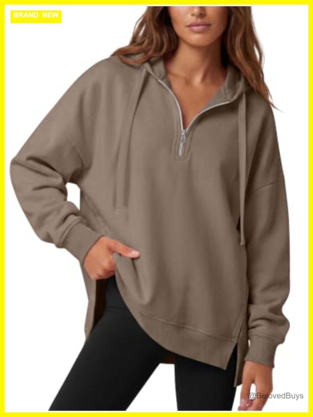 Oversized Quarter Zip Hoodie Side Split Loose Fit Fleece Knit Pullover
